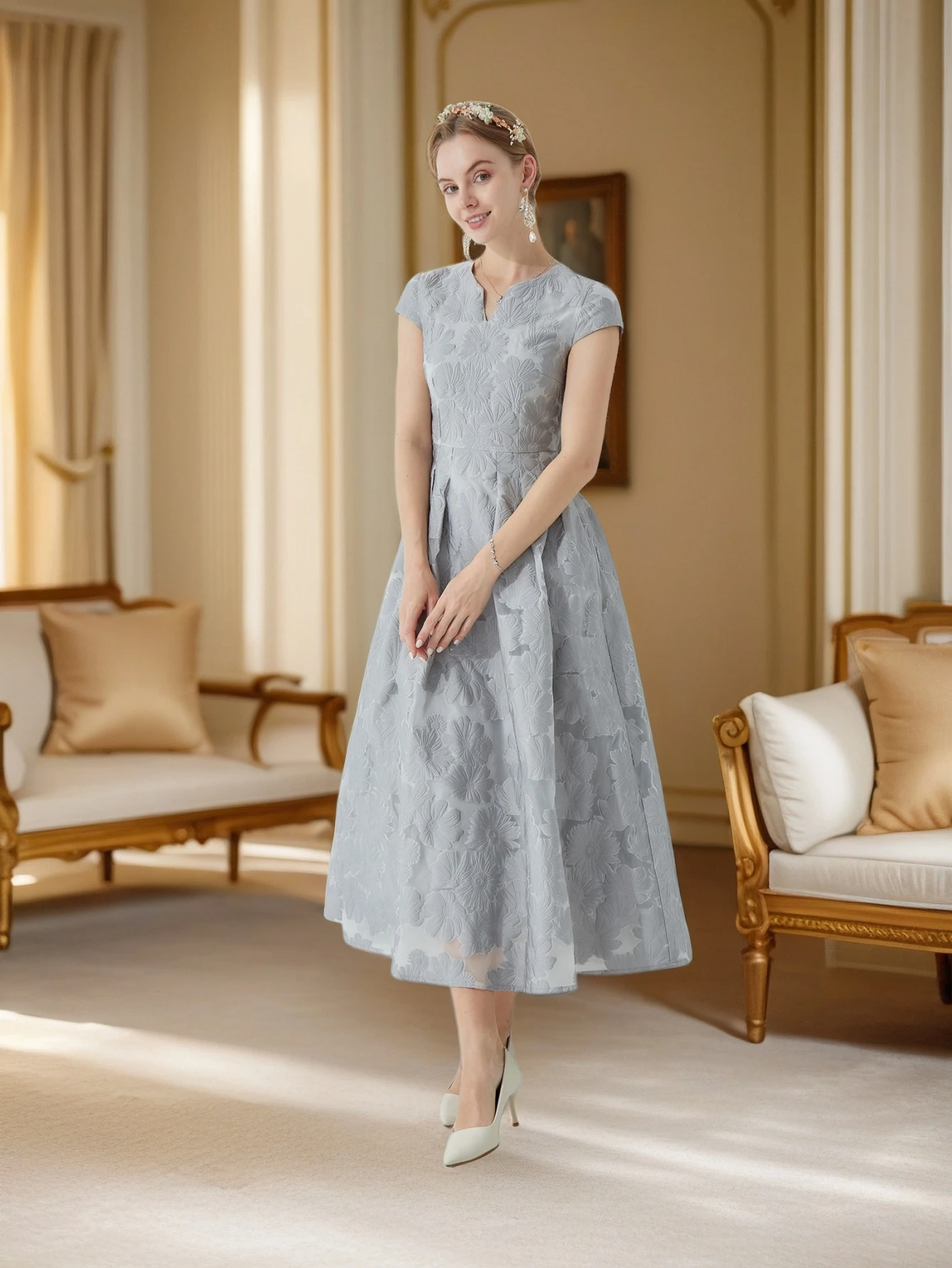 elegant-gray-v-neck-short-sleeve-formal-gown-with-3d-jacquard-waist-cinching-design-and-a-line-hem-luxury-celebrity-style-dress