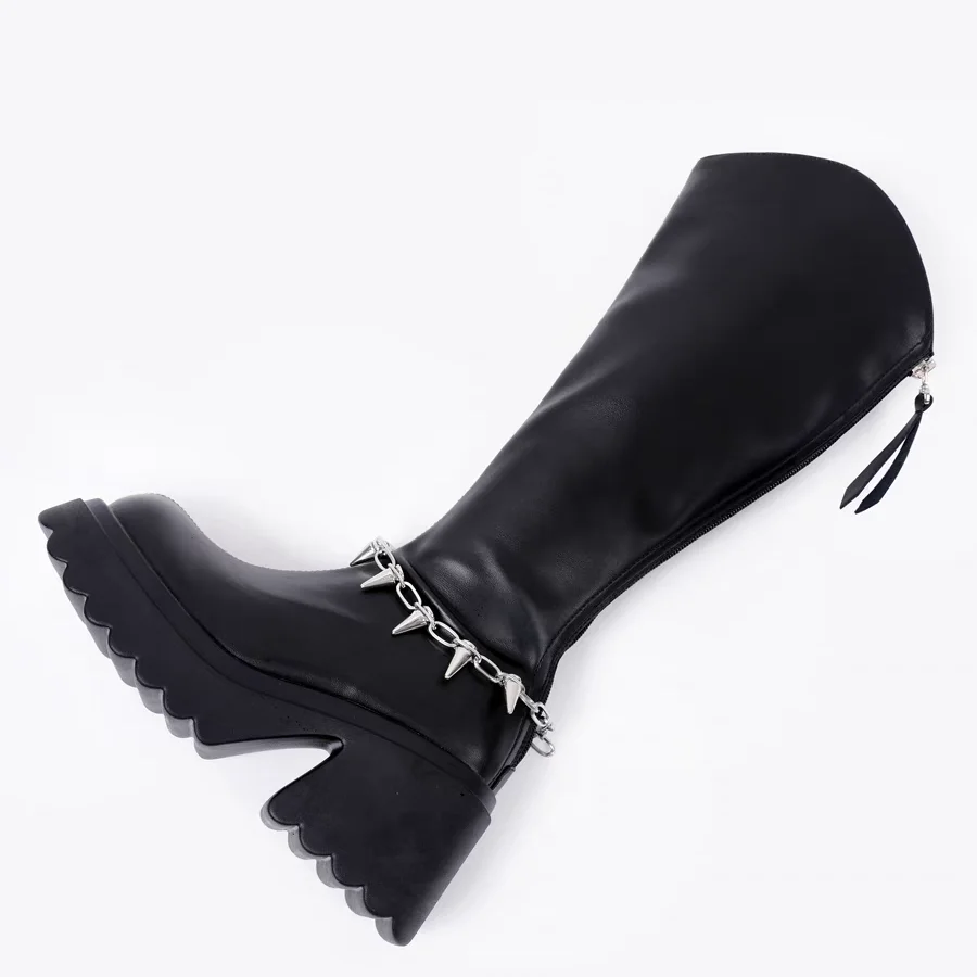 Botas femininas goth sapatos mulher tendência luxo joelho alta plataforma grosso saltos pretos moda sexy confortável longa corrente de metal punk