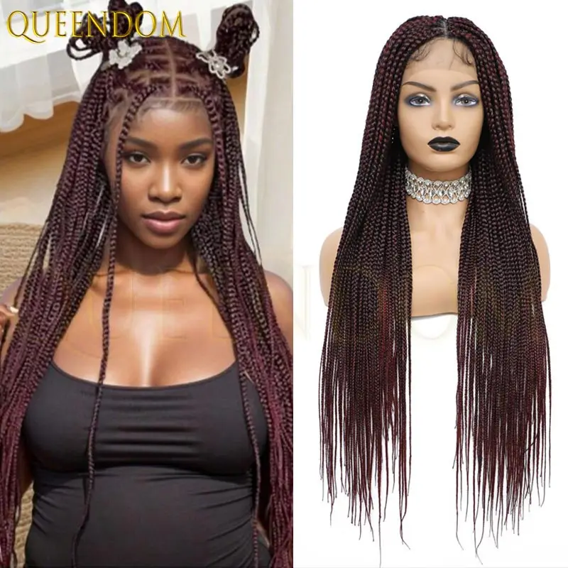 Cornrow Box Полный кружевной плетеный парик для чернокожих женщин Синтетический бордовый богиня без узлов Box Braid Wigs Braids Lace Wig Африканский