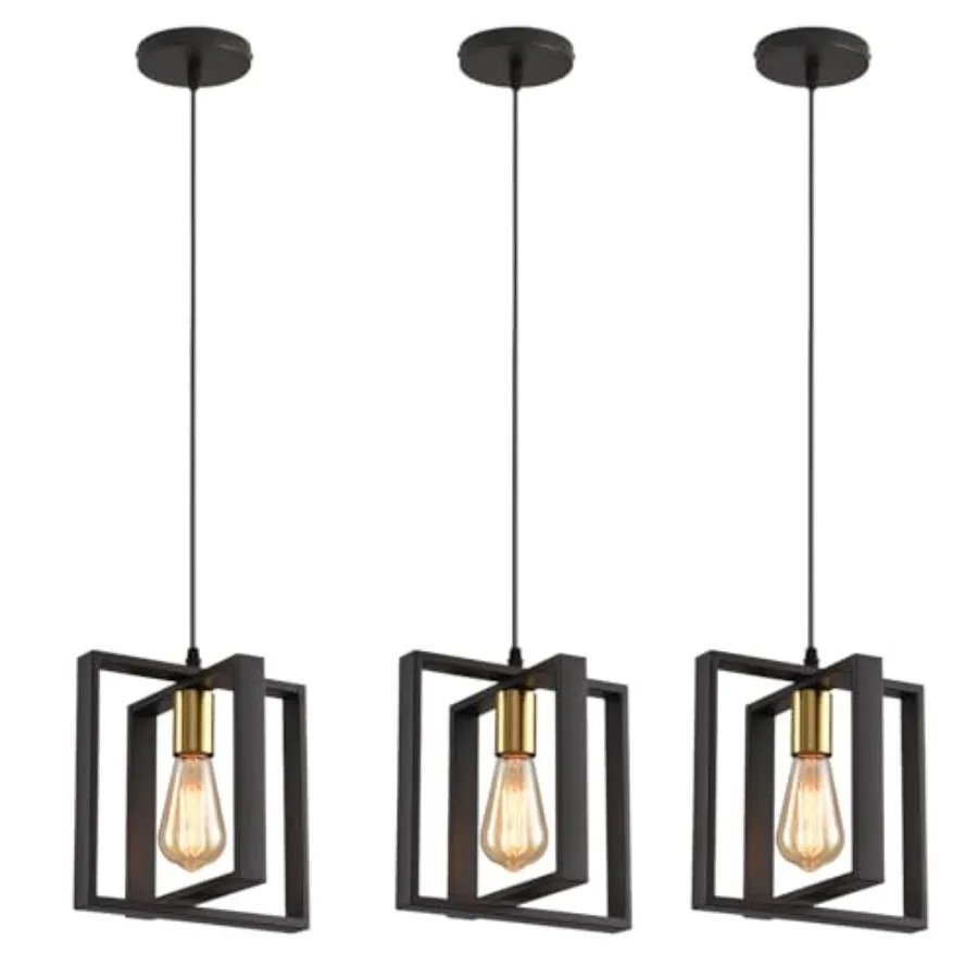 

Black Pendant Lights for Kitchen Island Industrial Lantern Pendant Light Fixtures with Golden Lamp Cup Farmhouse Adjustable Hei