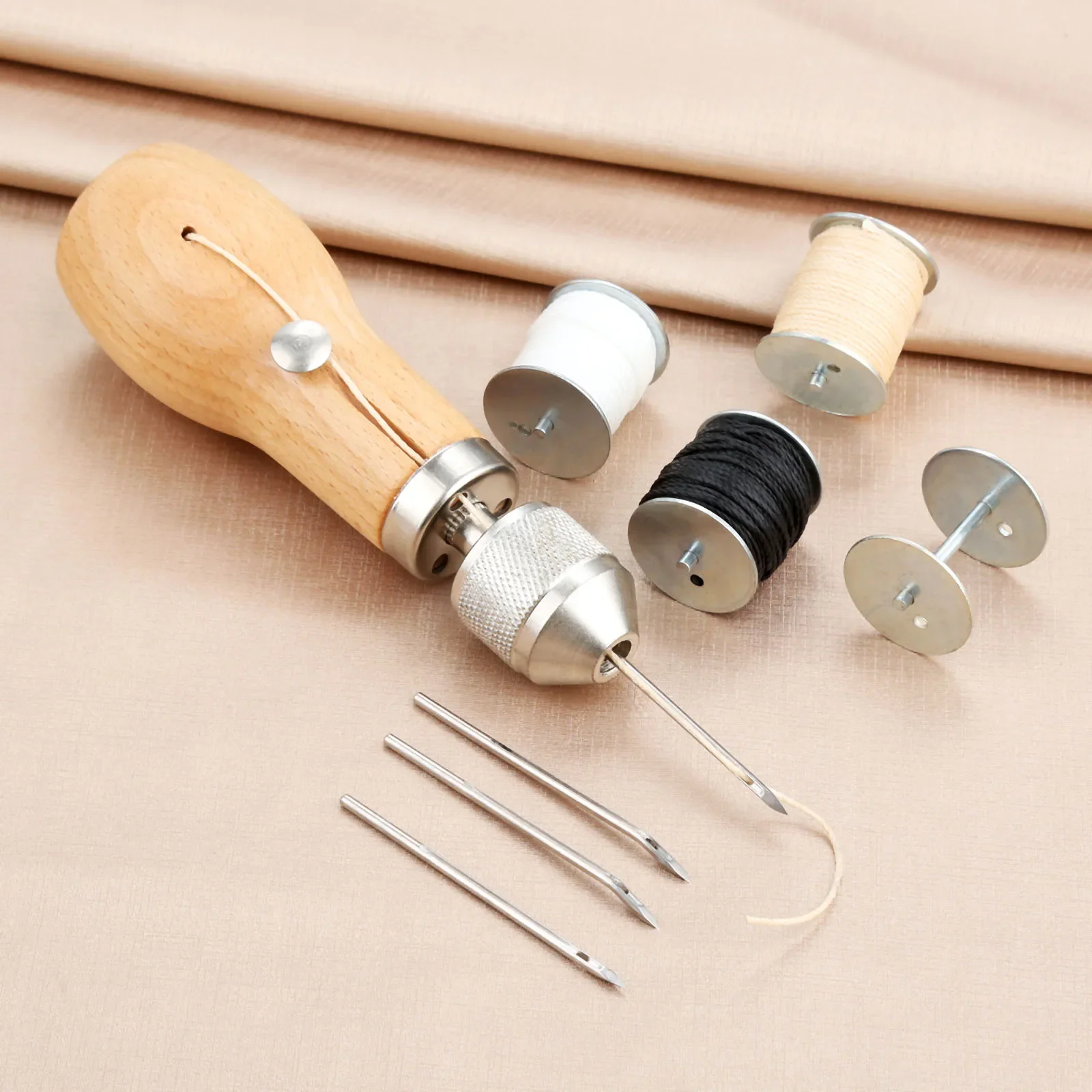 Leather Craft Automatic Lock Stitching Sewing Awl Set with Needles Wrench Waxed Thread Shaft Line Home DIY Hand Tool Sewing Set