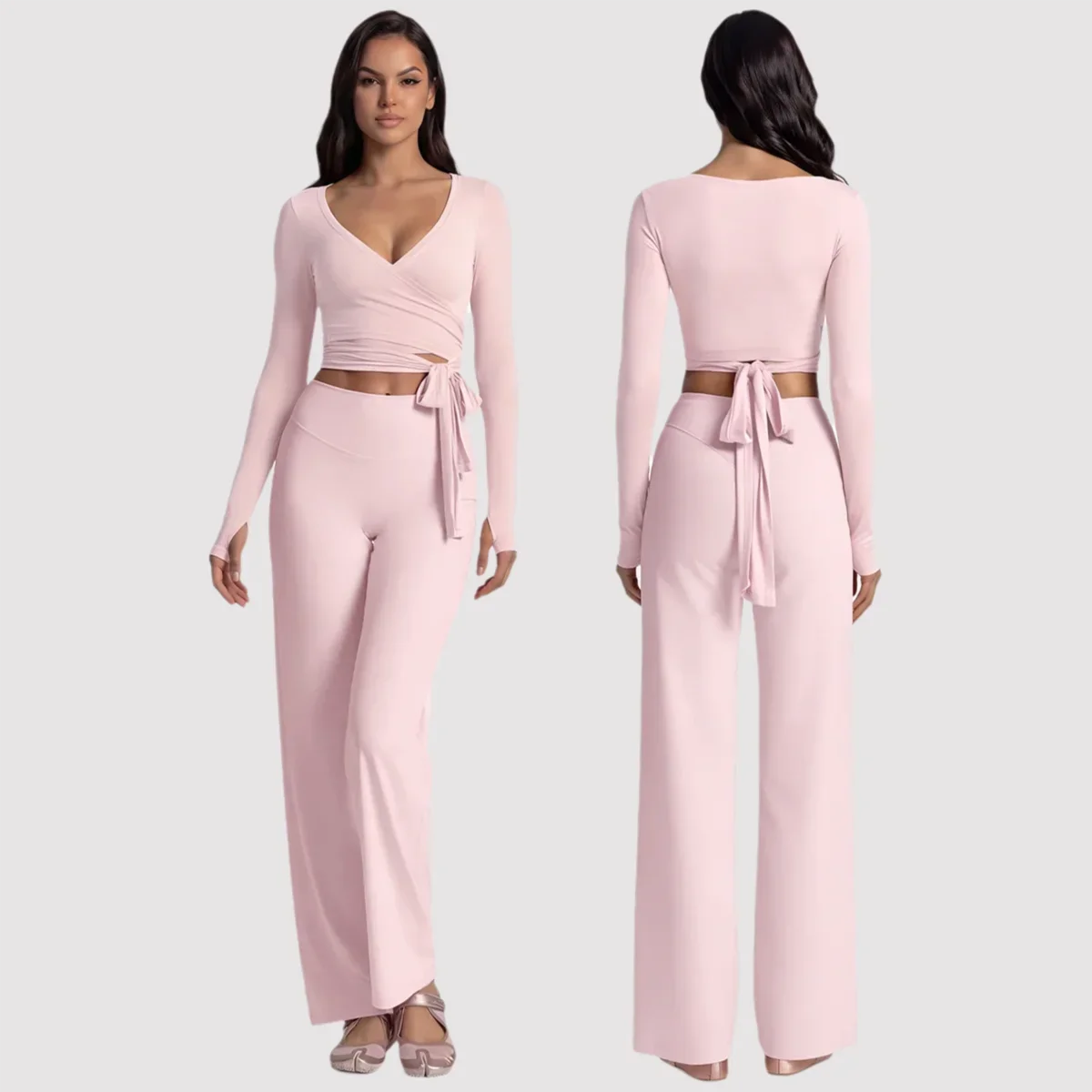 2-Piece Set Women's Ballet Core Yoga Set Long Sleeve Wrap Tie Crop Top High Waist Wide Leg Pants Workout Gym Fitness Activewear