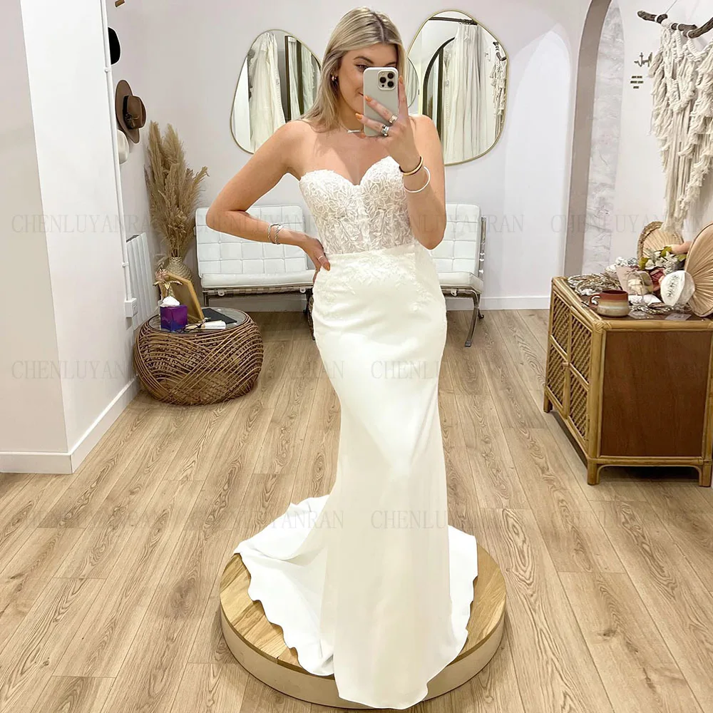 

Sweetheart Strapless Mermaid Wedding Dresses Applique Satin Bride Dresses Lace Up Sexy Dresses For Women 2023 Robe De Mariée