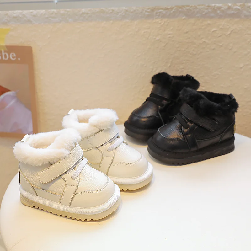 Cowhide Kid Snow Boot 2025 Autumn New with Plush Baby Walking Shoe Thickened Warm Gril Shoe Brand Baby Shoes Soft Sole Girl Boot