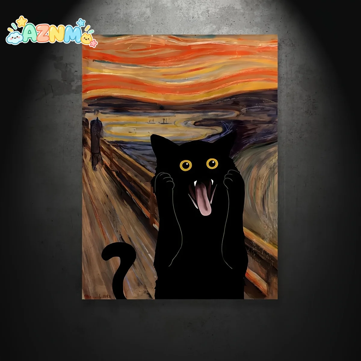 1pc Unframed Vertical Spoof Famous Oil Painting Canvas Poster - The Scream Black Cat Art Print, Edvard Munch-Inspired Wall De