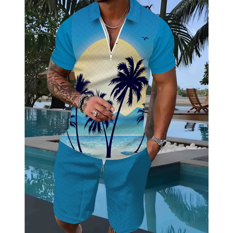 

Men's Casual 2 Piece Set Pineapple Coconut Tree Pattern Summer Beach Vacation Zipper Polo Shirt And Shorts Outfit Fashion Suit