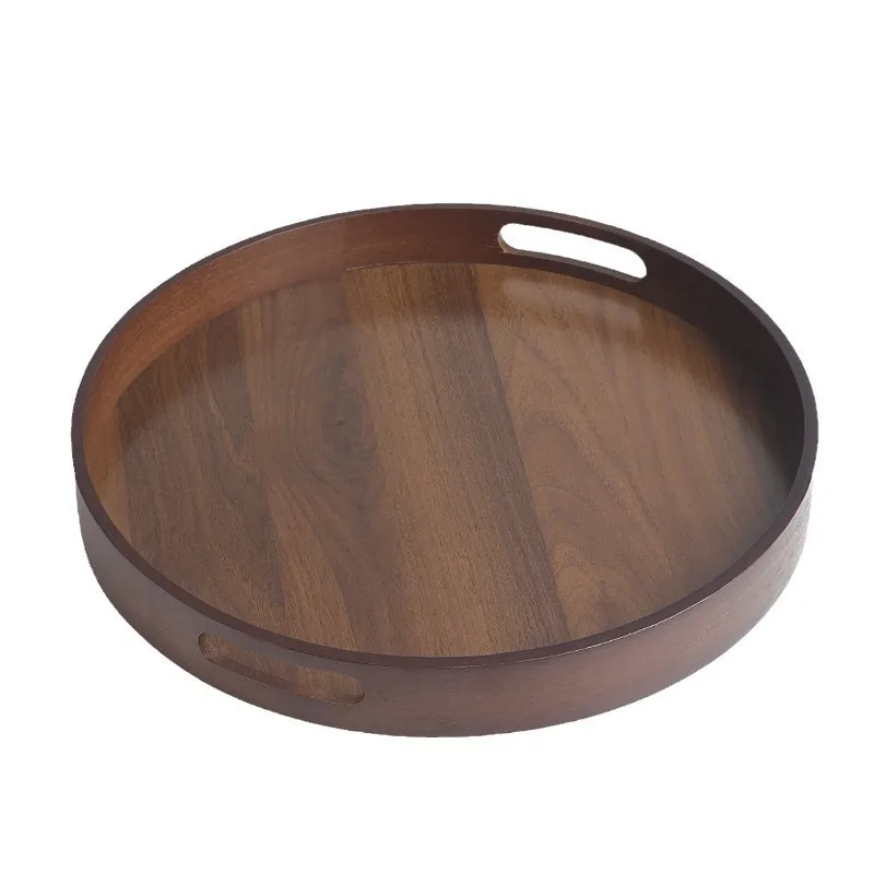 Round Ottoman Table Tray Wooden Solid Serving Tray with Handle Black Walnut Circle Platter Decorative Tray Home Breakfast in Bed