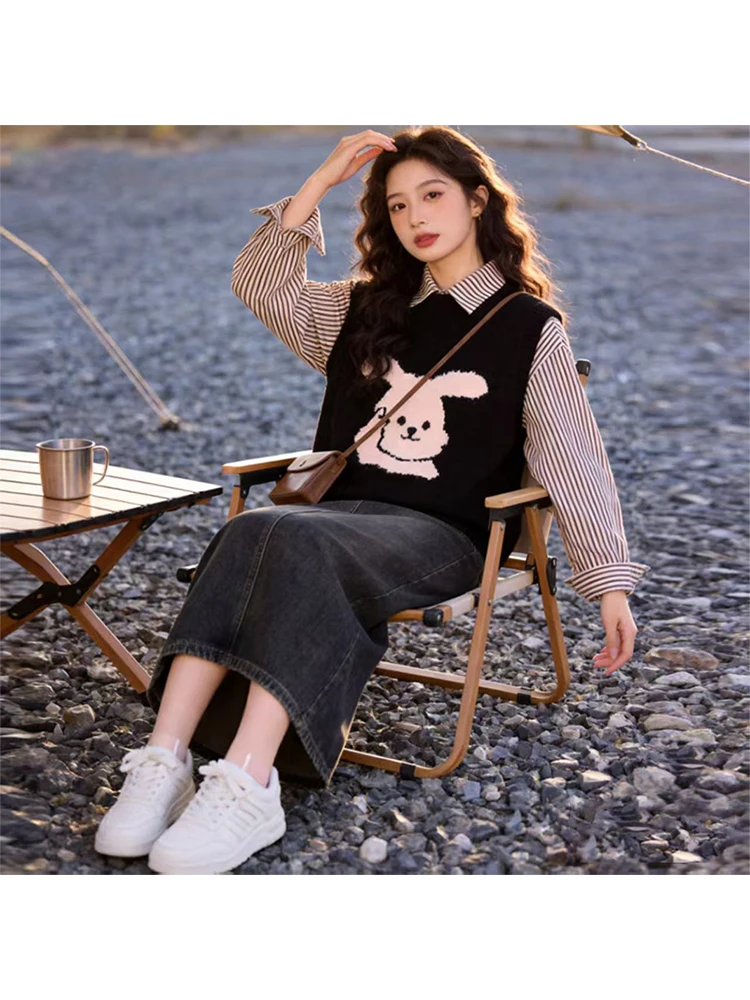 

Korean College Sle Striped Knitted Vest Denim Skirt Women's Faion Spring Anti-Aging Tee-Piece Set Long Sve irt