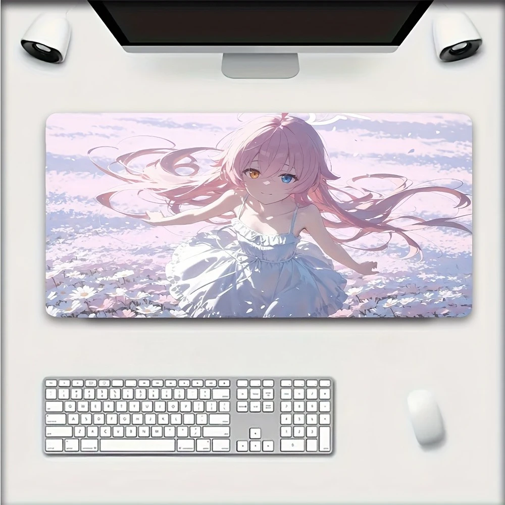 Pink-Haired Anime Girl Gaming Mouse Pad, Non-Slip Office Desk Mat, Pastel Flower Field, Water-Resistant Keyboard Pad Rubber Base