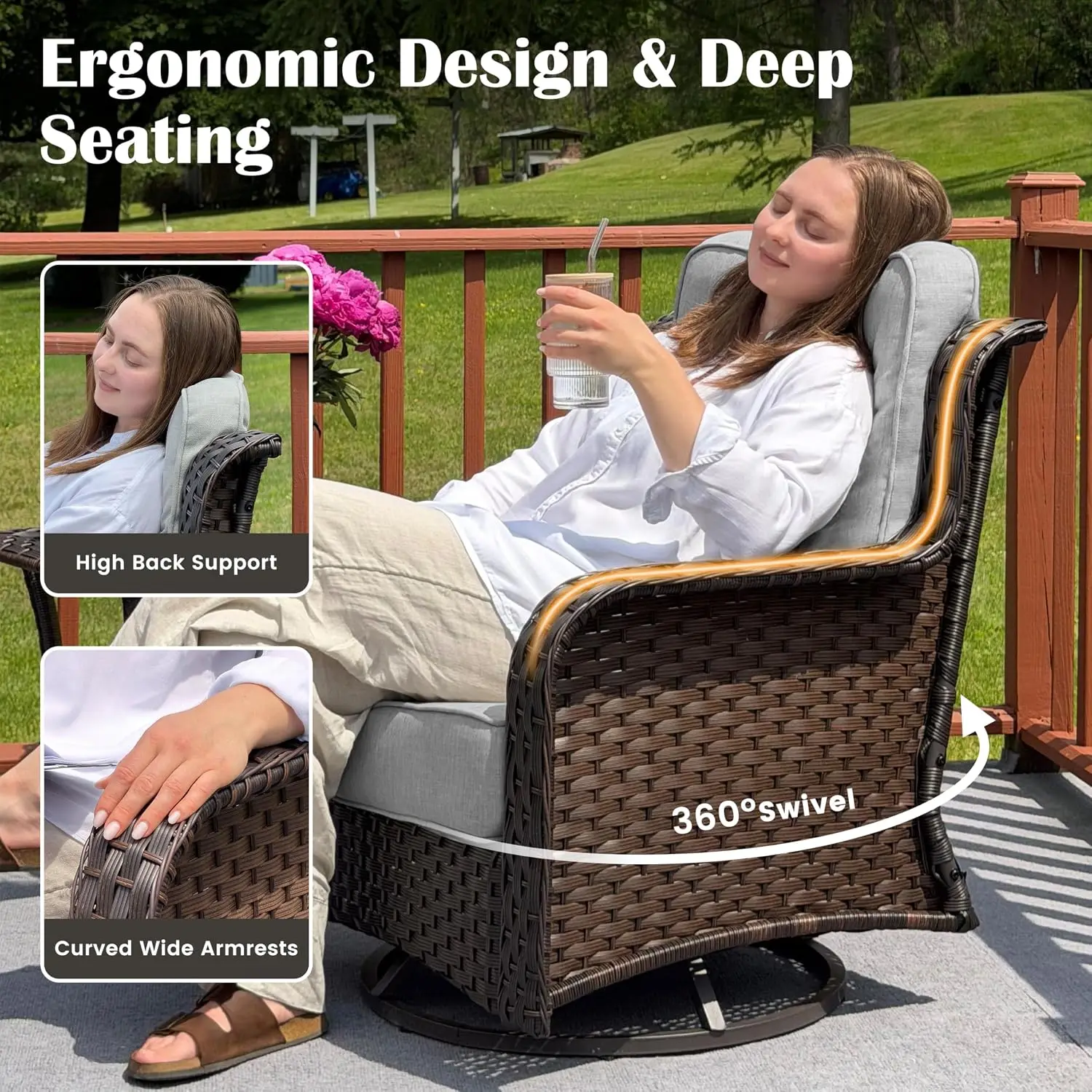 Outdoor 3 Piece Wicker Patio Furniture Set Swivel Chairs 6