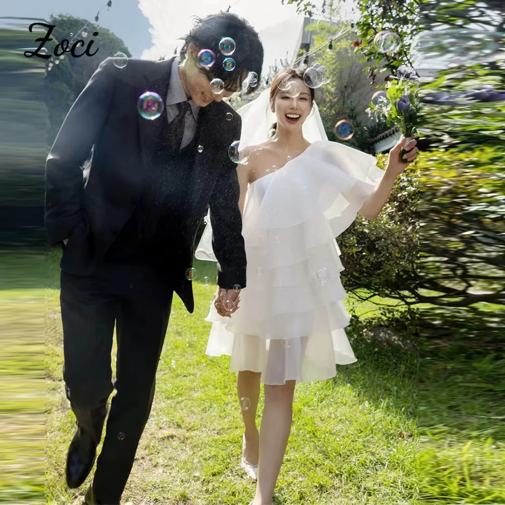 Zoci عاجي A Line الأورجانزا فساتين زفاف مخصصة كوريا العروس كتف واحد زي العرائس طبقات فستان الزفاف التصوير 2026