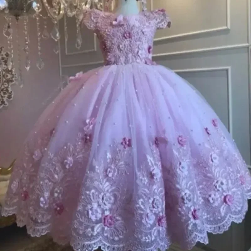 Cute Flower Girl Dress Bow Tiered Tulle Appliques Short Sleeves Baby Girl Kids Wedding Birthday Party Prom Holiday Dress