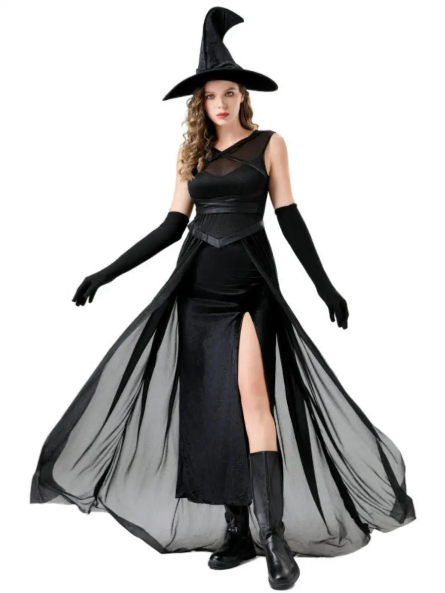 

Новинка 2024, сексуальный костюм ведьмы больших размеров с высоким разрезом, одежда для Хэллоуина, наряд ведьмы из полиэстера, женский этнический сценический костюм