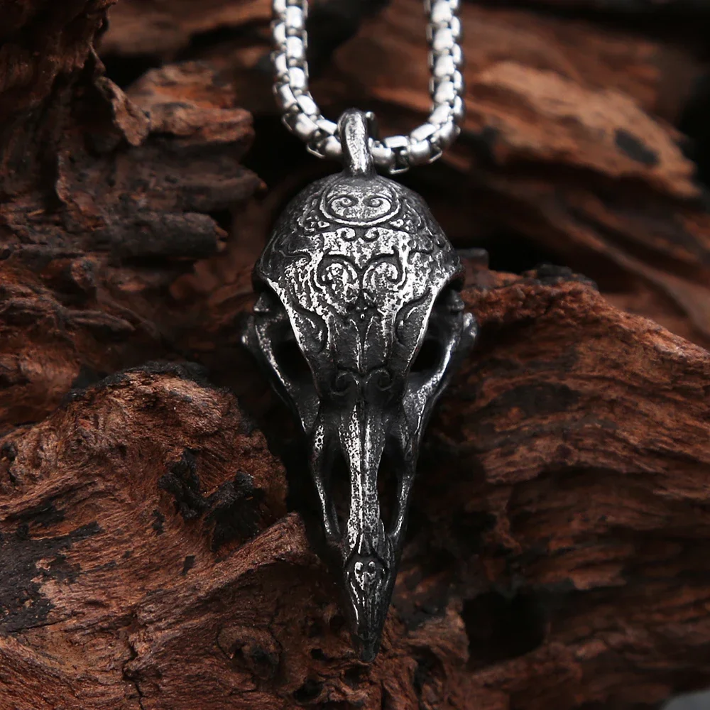 Retro Old Style Crow Skull Necklace Viking Stainless Steel Biker Pendant For Men Unique Nordic Amulet Jewelry Gift Dropshipping