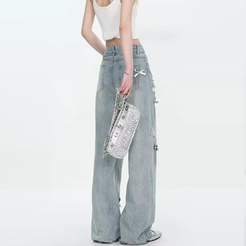 Strik Gescheurde Jeans Voor Vrouwen Hoge Taille Rechte Broek Losse Wijde Spijkerbroek Vintage Y 2K Kleding Trendy Grote Maat