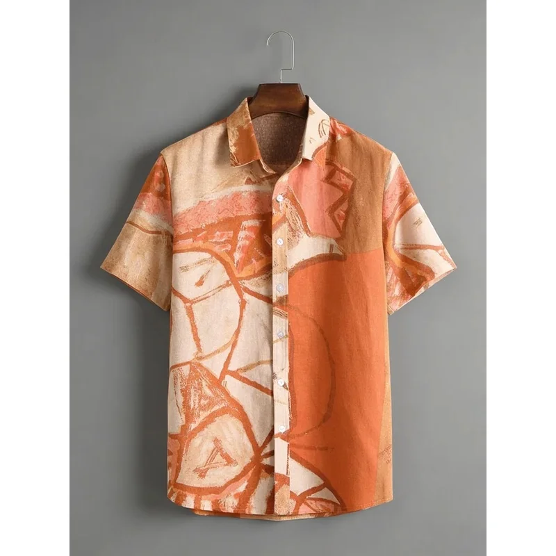 2026 New men's Summer Simple Retro short-sleeved Lapel Shirt Beige Graffiti 3D Printed Shirt Outdoor Casual Outdoor men's Tops