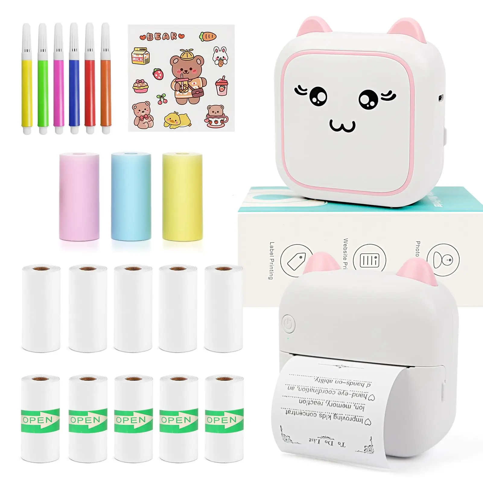 thermal printer with 13 rolls of paper, Bluetooth mini cute printer used for storing notes, photos, stickers, labels, receipts