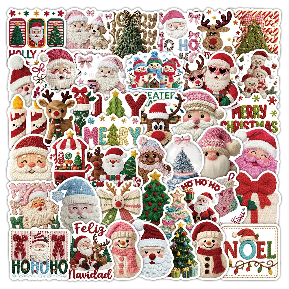 50-Pack Knitted Style Christmas Stickers Waterproof Decorative Notes for Holiday Travel Luggage Car Journaling Stationery