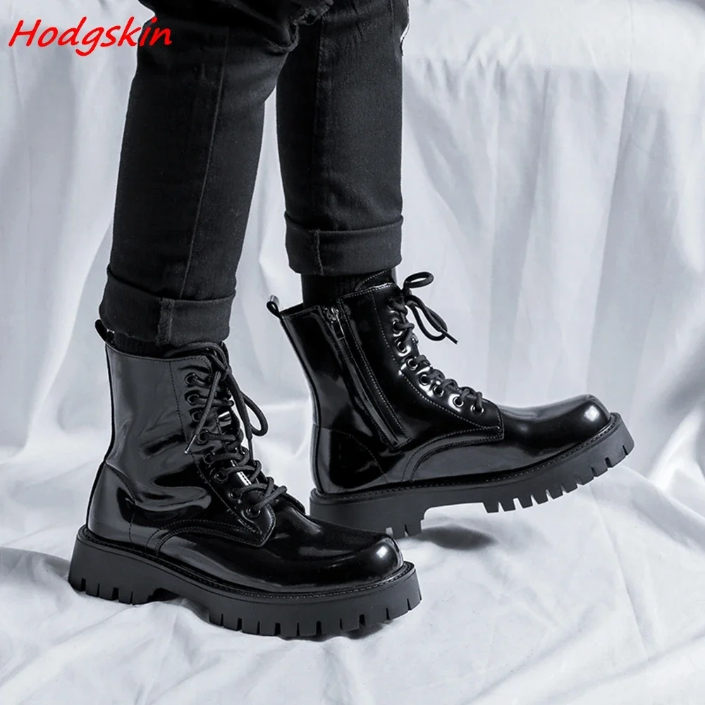 Black Patent Leather Boots for Men Round Toe Mid Calf Lace Up Height Increasing Spring Autum Newest Sewing Casual Fashion Shoes