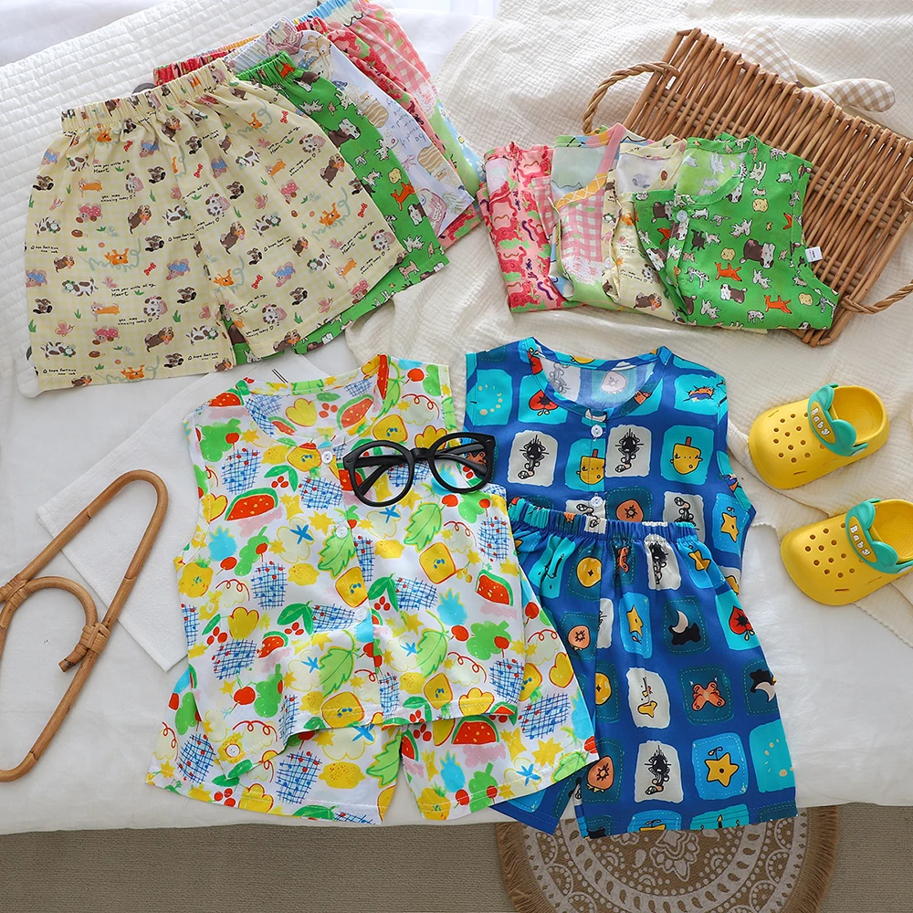 Summer Kids' Sets and Outfits 1-8T Cartoon Animal Girl Clothes Sleeveless Boys Vest Set 7 Colors Children's Clothing