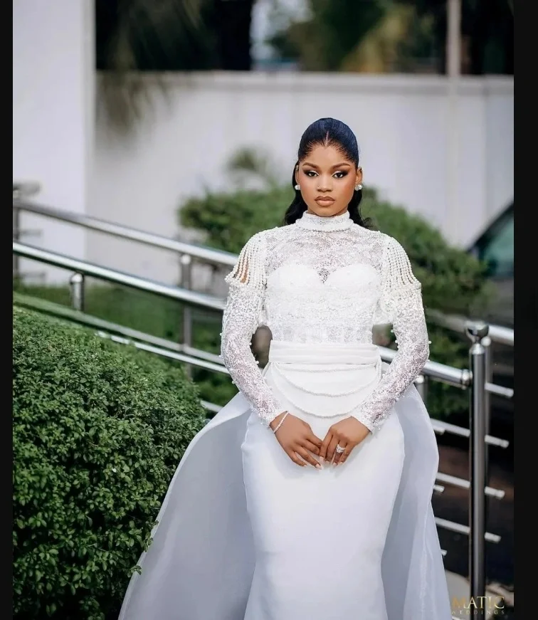 Customized High Collar Sparkly Pearls Wedding Dress with Removable Skirt Vestidos De Novia Lace  Long Sleeves  Bridal Dress
