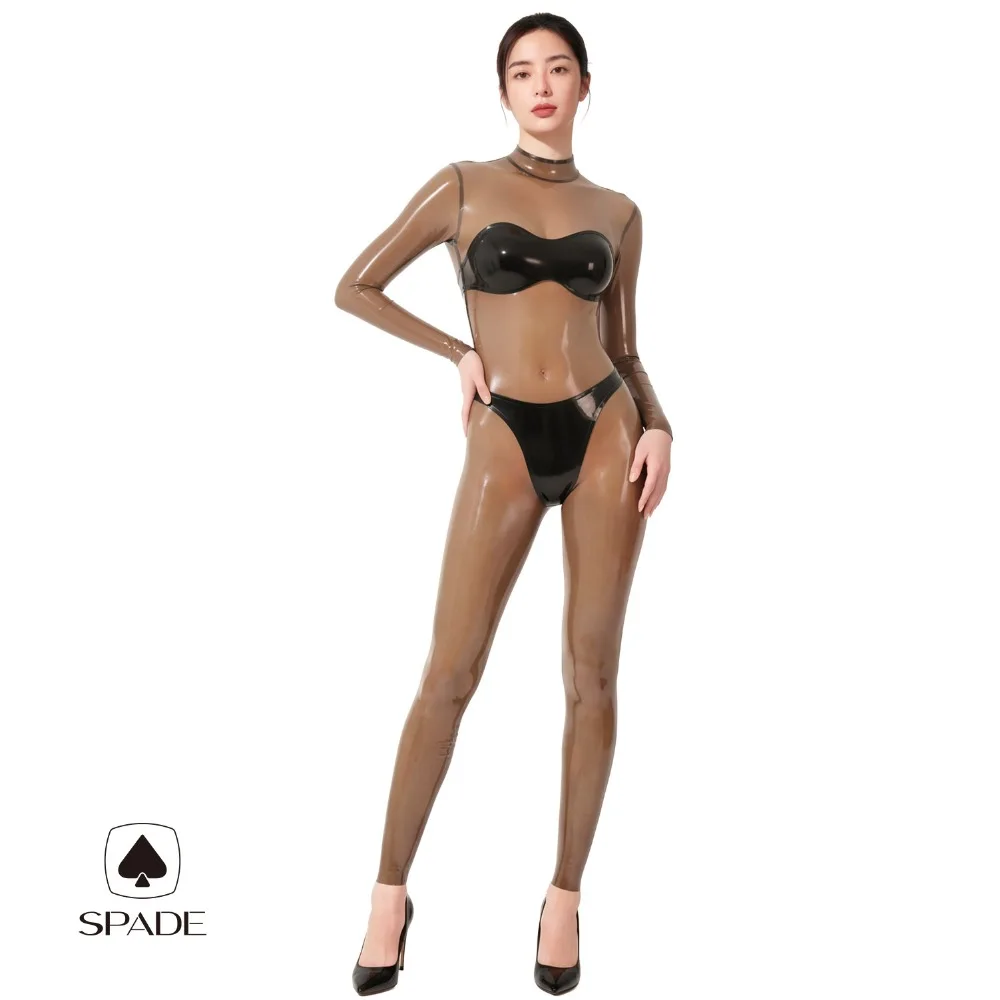 Customized Latex Coat BA008 Black+transparent Black Bikini Style Color Blocked Jumpsuit Back Zipper