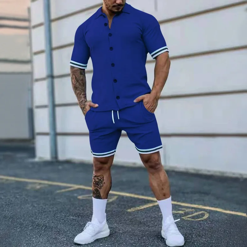 New men's suit spring and summer solid color lapel buttoned short-sleeved shorts cardigan gentleman sports suit men's fashion