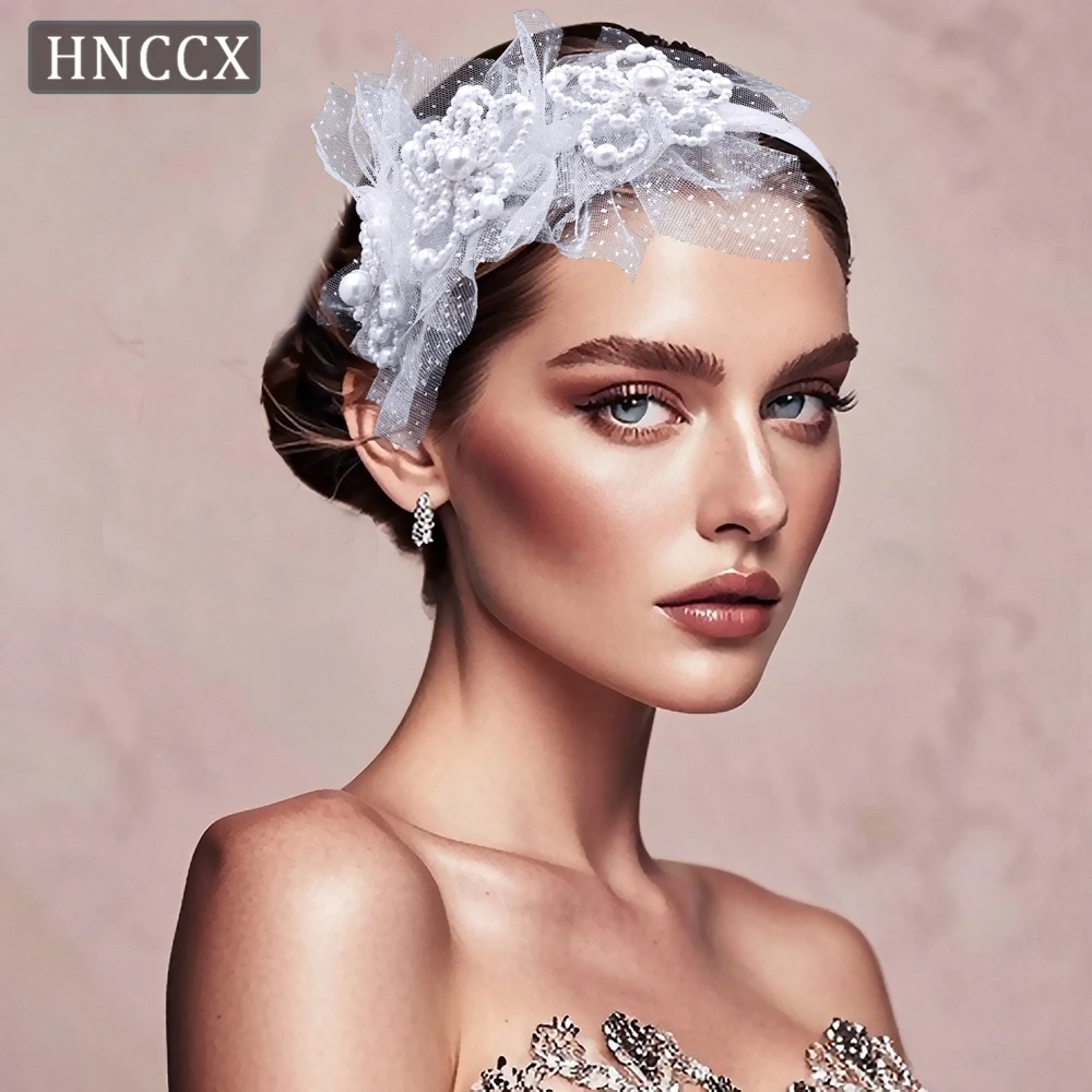 

HNCCX White Gauze Fairy Bride Headwear Handmade Fashion White Faux Pearl Hair Hoop Women Wedding Ornaments Luxury CP693