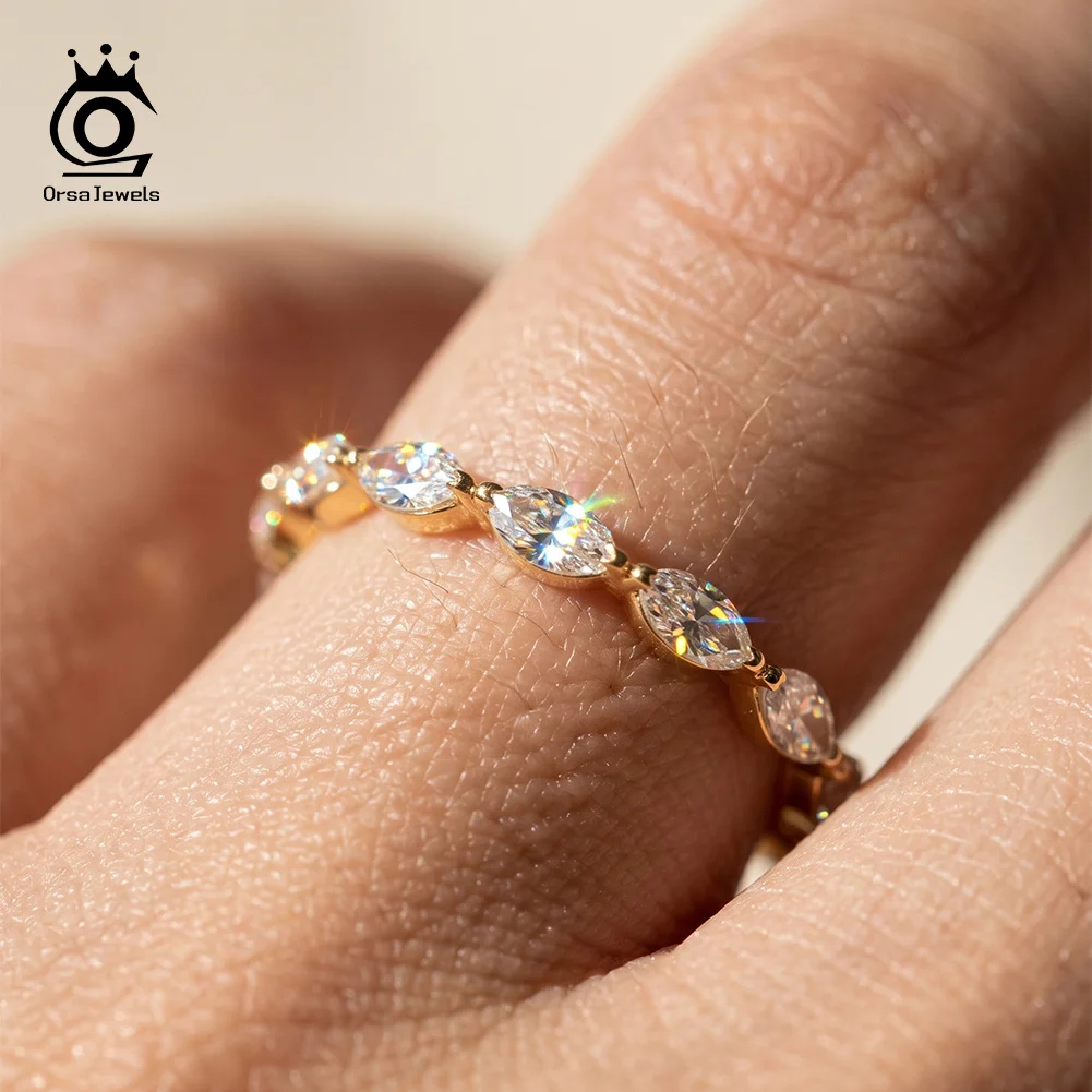 ORSA JEWELS 925 Sterling Silver Marquise Cut D Color Moissanite Gold Plated Eternity Band Ring Wedding Band for Women MOR23
