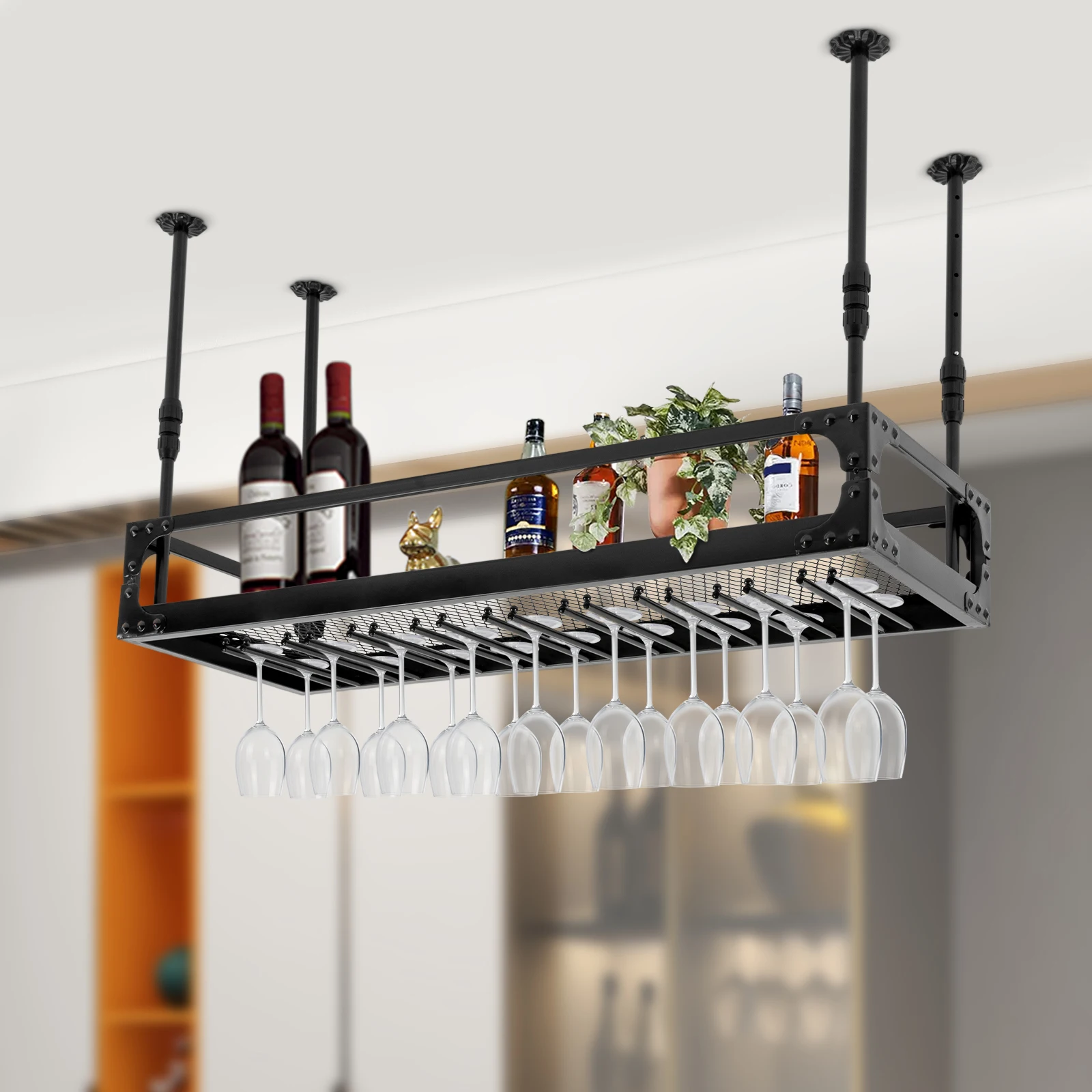 Industrial Vintage Bar Floating Shelf，Ceiling Mount Iron Wine Rack，Glass Hanging Holder Stemware Storage Organizer