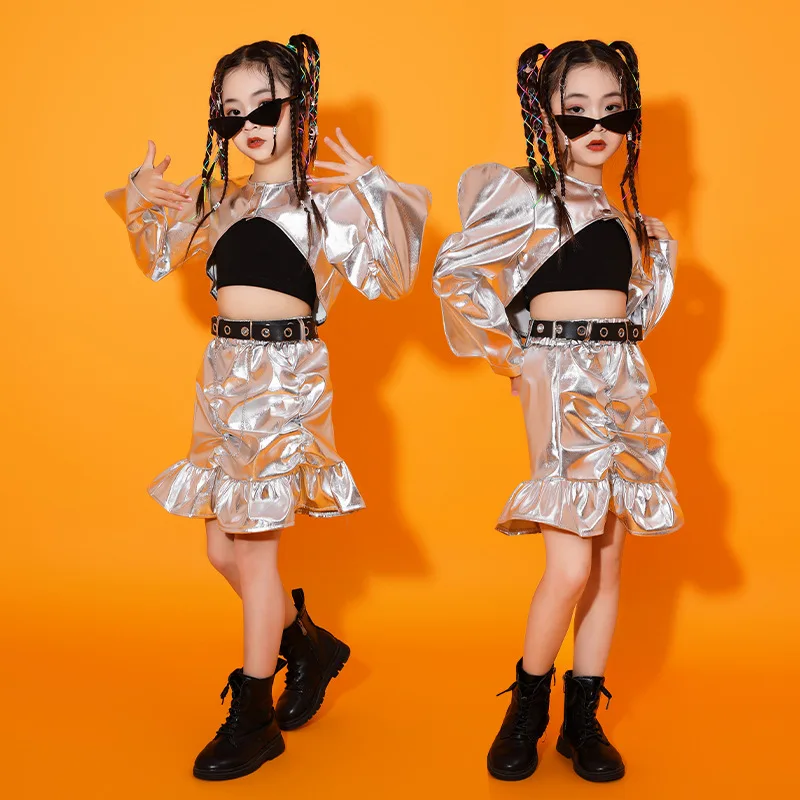 

Kid Cool Hip Hop Clothing Silver Wave Puffy Long Sleeve Crop Top Black Tank Ruched Skirt for Girl Jazz Dance Costume Clothes Set