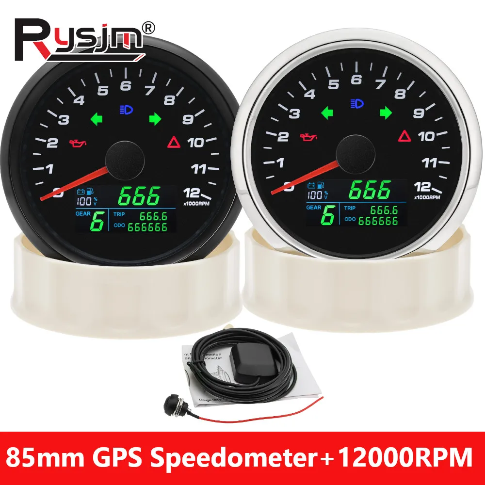 85mm GPS Speedometer + 12000RPM Tachometer + Fuel Level Gauge + Voltmeter with Gear /Turn Signal For Marine Car Boat 12V/24V