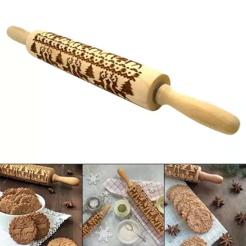 

Printing Rolling Pins Rock Snowflake Elk Wooden Embossing Baking Cookies Biscuit Fondant Cake Patterned Roller 35*5cm