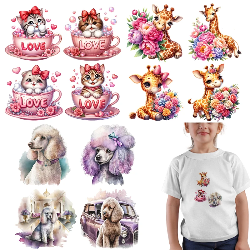 Watercolor Poodle and Cup Cat Pattern Children's clothing Accessory Iron On Fashion Stickers Heat Transfer Fabric Patches