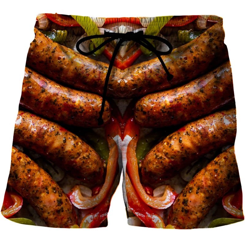 New Gourmet Food Graphic Beach Grilled Sausage Shorts For Men 3D Printed Sausage Boardshorts Men Women Meat Sausage Short Pants