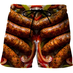 New Gourmet Food Graphic Beach Grilled Sausage Shorts For Men 3D Printed Sausage Boardshorts Men Women Meat Sausage Short Pants