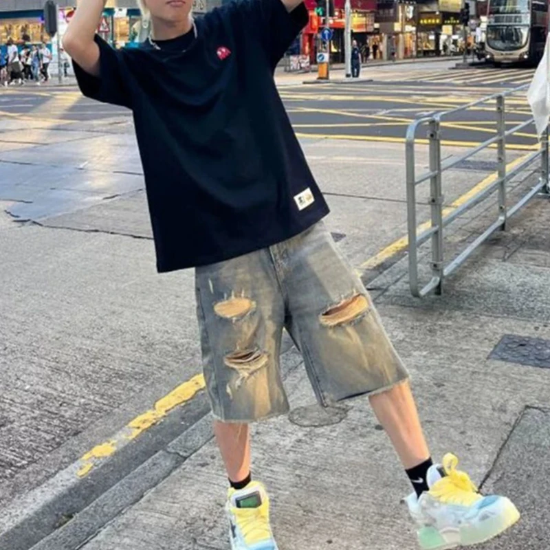 Mens Vintage Washed Ripped Denim Bermuda Shorts Loose Straight Knee Length Casual Jeans Shorts