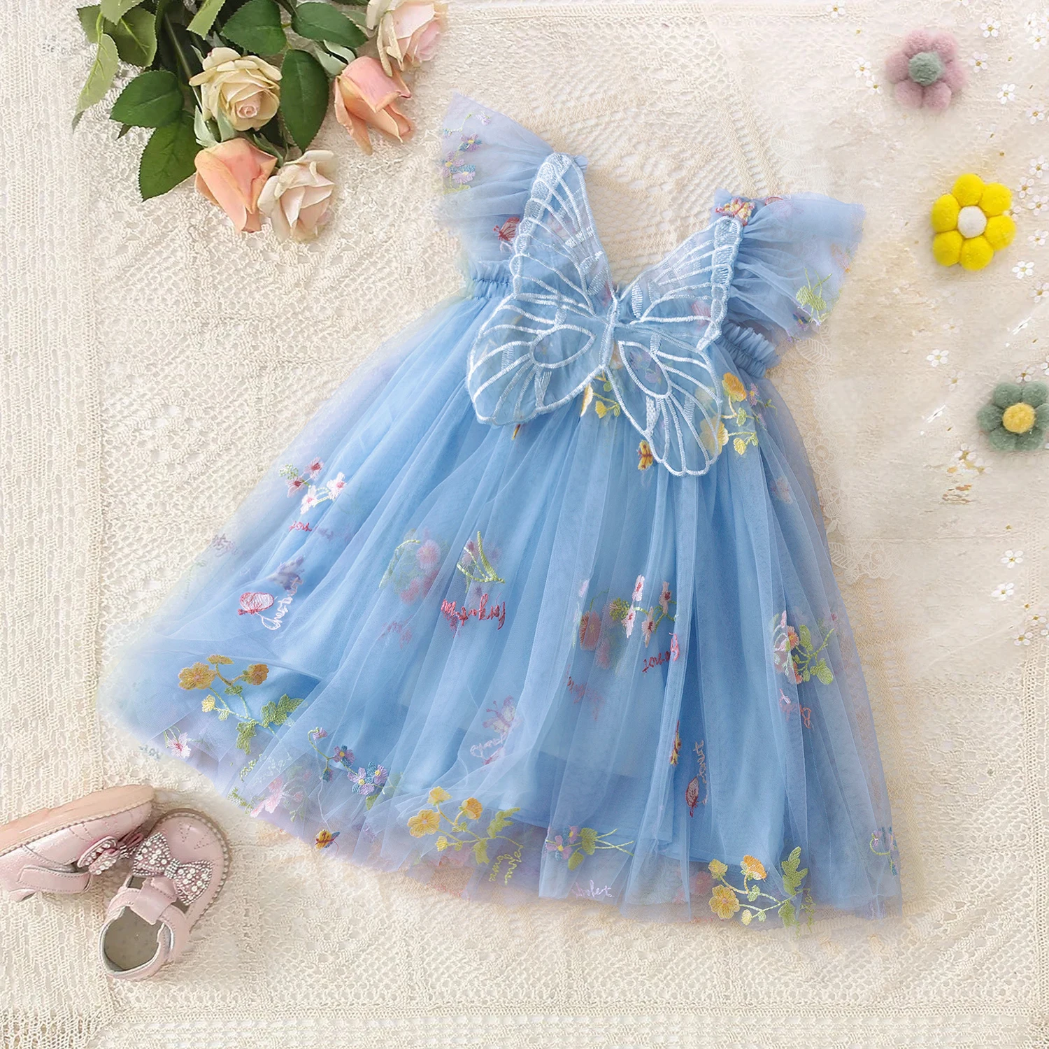 Girls\' Summer Dress Butterfly Dresses for Summer New Flying Sleeve Mesh Princess Dress Baby Girls Floral Embroidery Clothes 1-5Y