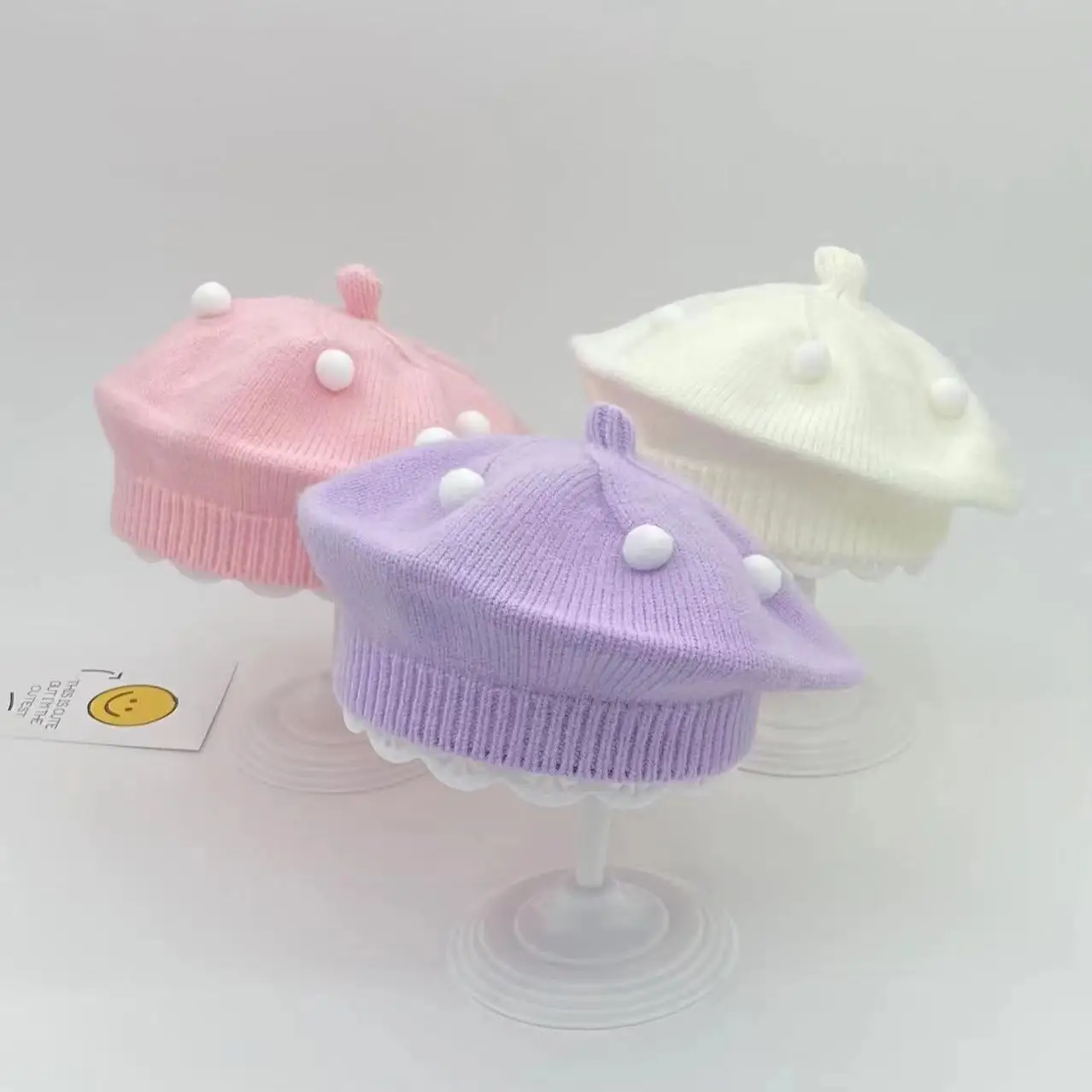 

Children's Pom beret autumn and winter new princess style knitted woolen hat boys and girls candy colored painter hat