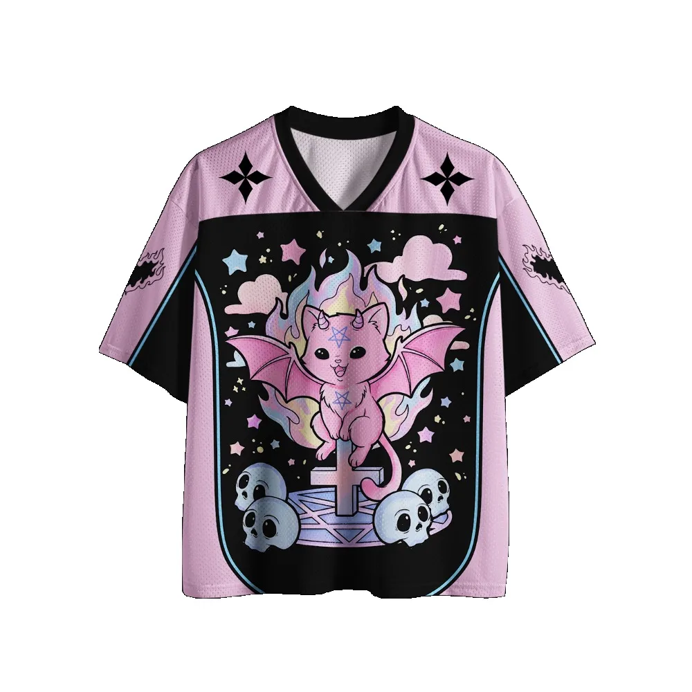 Gothic Football Jersey Vintage Print V‑Neck Short Sleeve Cropped Jersey Y2K Alt Punk Streetwear Harajuku Oversized Sport Tee image 5