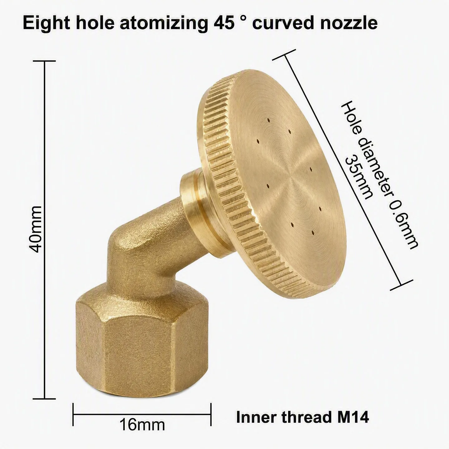 8 Hole Brass Nozzle 45 Degree Curved Elbow Atomizing Fog Spray Head M14 Inner Thread for Backpack Sprayer Pesticide Machine Knapsack Wand Garden Farm Orchard Agricultural Irrigation Watering Plant Protection 35mm Angle