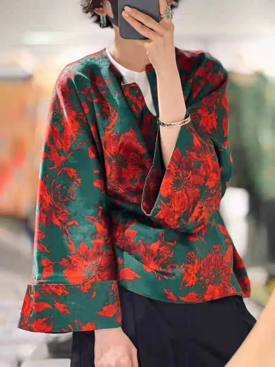 Frühling und Herbst Neue Oansatz + Diagonal Zipper Horn Hülse Retro Stil Elegante Seide Stoff Gedruckt frauen Hemd S-L