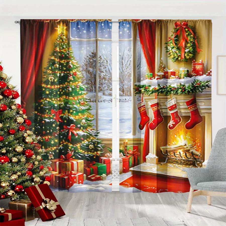 2PCS Christmas Winter Curtains, Fireplace Tree Stocking Gift Window Snow Scene, Digital Print, Bedroom Living Room, Home Decor