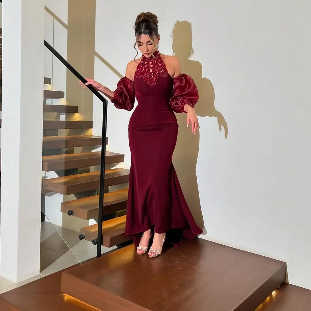 

Customized Modern Mermaid Halter Crystal Sequined Evening Dresses Delicate Off the Shoulder Vestido De Festa Vestido De Noche