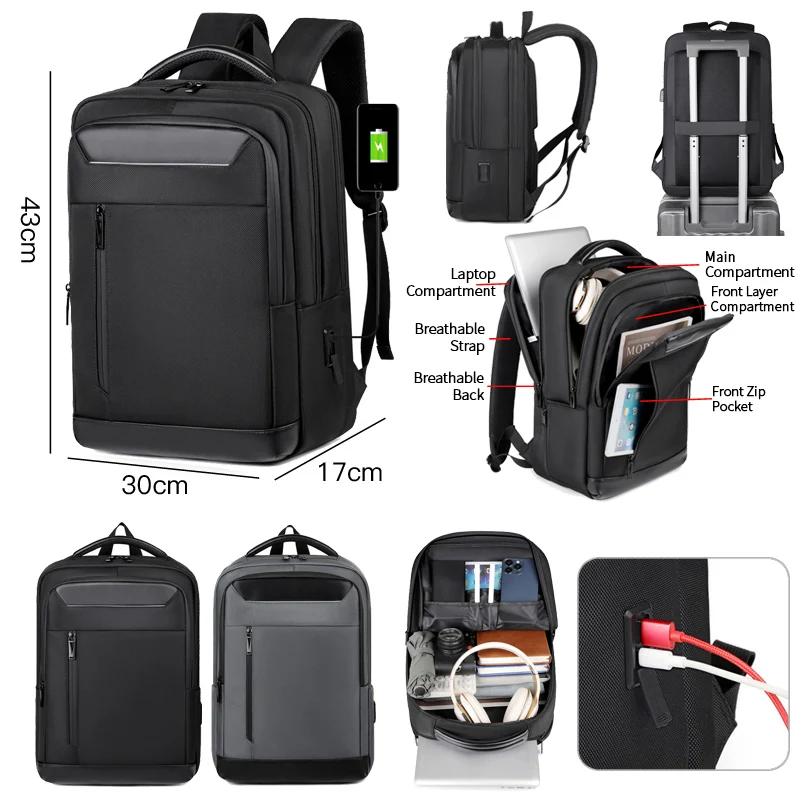 

Men's Business Travel Backpack with USB Type C Charging 15.6 Laptop Waterproof Backpack for Trip Airline Work School Backpack