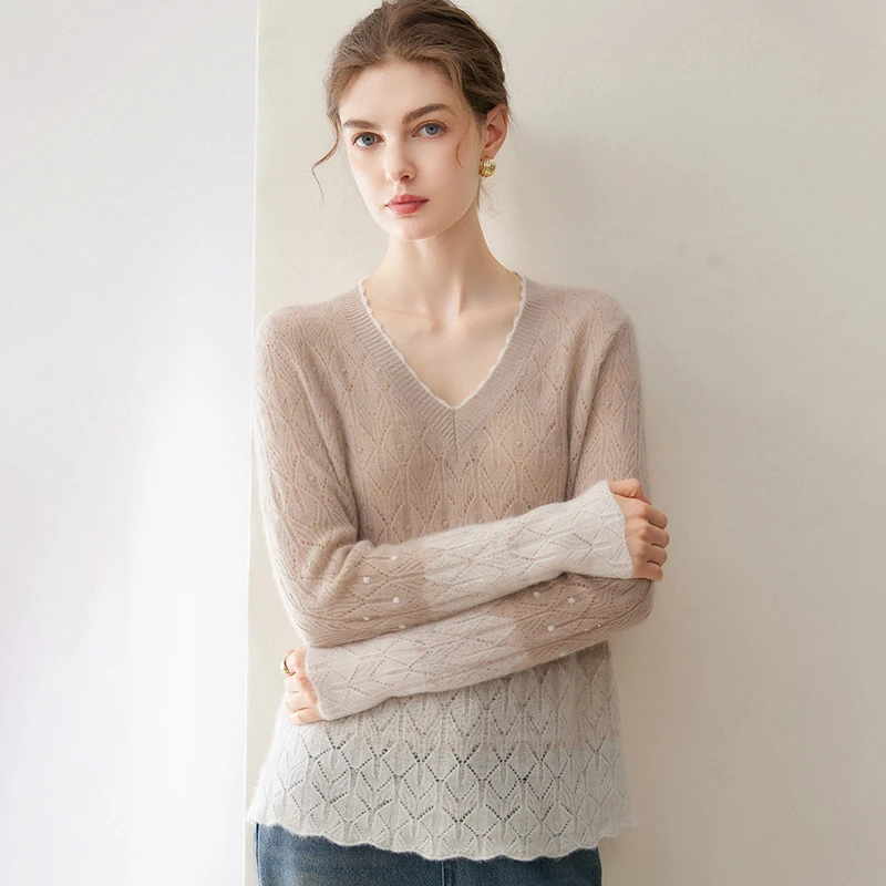 High Quality 100% cashmere sweater casual color matching knitted pullover loose V-neck Tops warm bottom Blouse hollow jumper