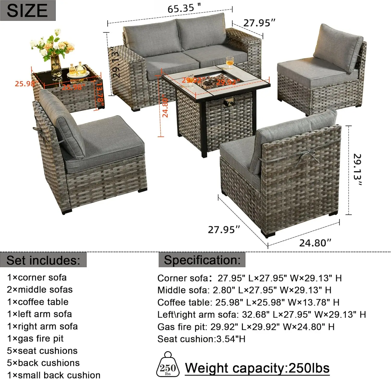 PE Rattan Wicker Couch, Conjuntos de conversa externa com mesa Fire Pit, Cadeiras de balanço e mesa de café, 7 pcs, 9 pcs