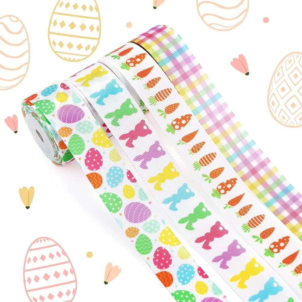 

4 Rolls Spring Grosgrain Ribbon, Lovely Eggs/Bunny/Carrot/Plaid Easter Ribbon Colorful Easter Day Basket Decoration DIY Craft