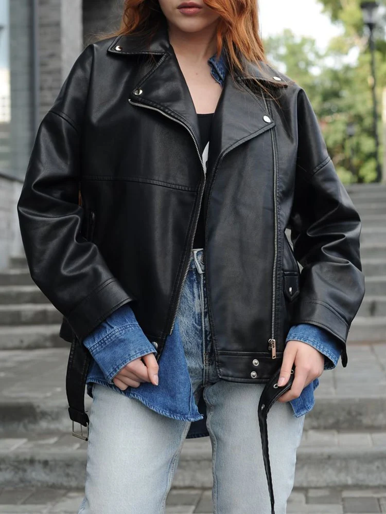 Ailegogo-Jaqueta Feminina de Couro Preto PU Falso, Cinto Solto, Streetwear Feminino, Zíper, Casaco Moto Biker, Outwear, Novo, Primavera, Outono