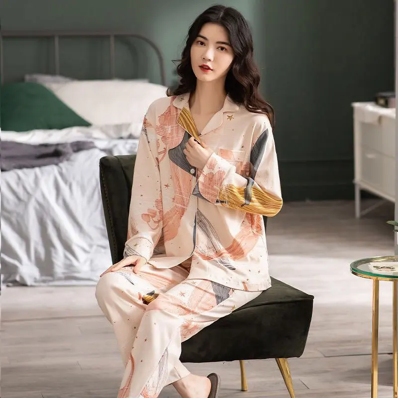 2PCS/Set Women Pajamas Long Sleeves Sleepwear Lapel Print Cute Korean Fashion Breathable Floral Casual Winter Pajamas Plus Size